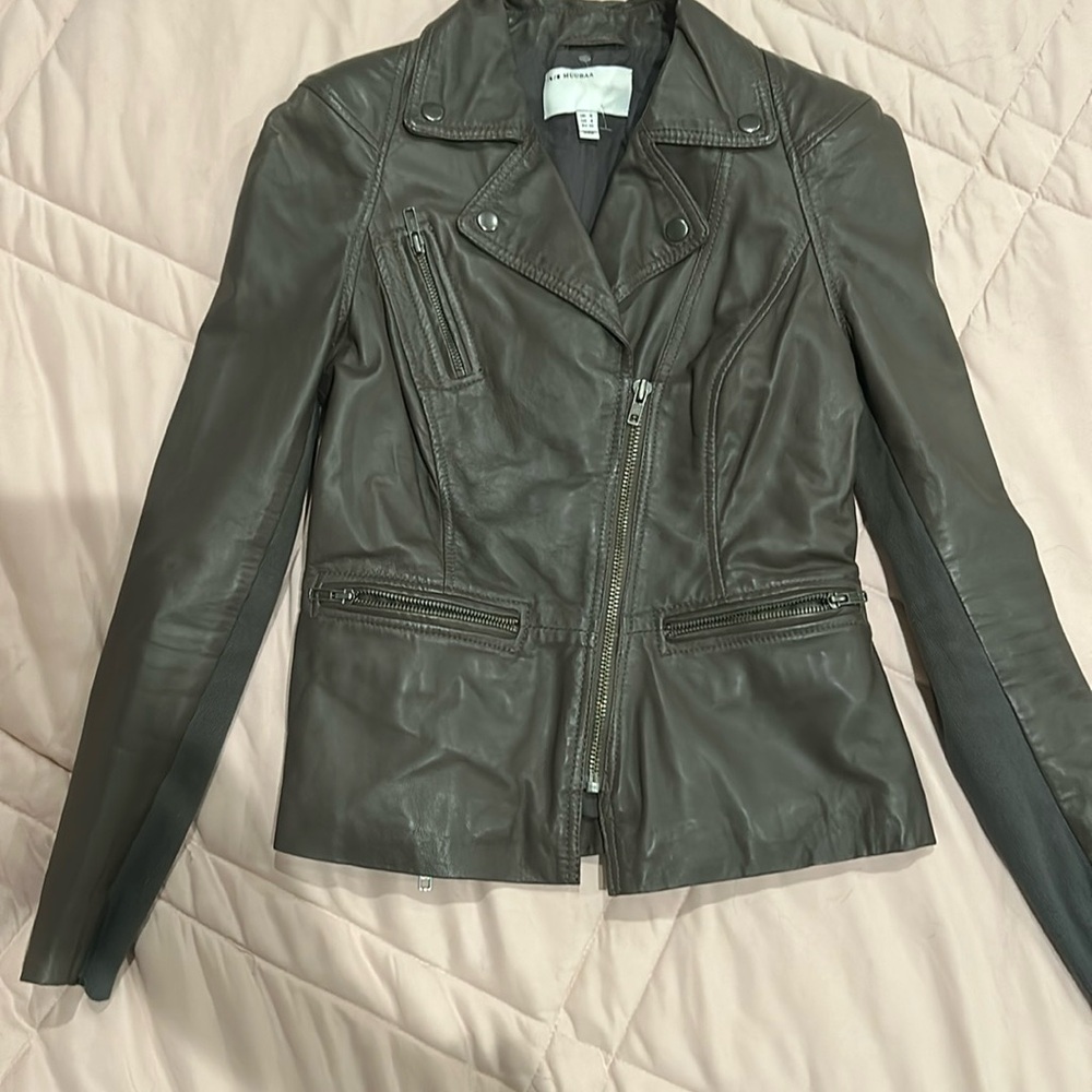 Muubaa Kajana Genuine Lamb Leather Size 4 Moto Jacket Gray Taupe Soft Fitted
